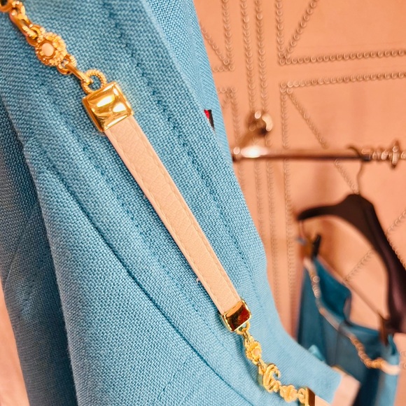 Gucci Turquoise Viscose Linen Pleated Midi Skirt with White Leather Gold GG Belt - Picture 11 of 11